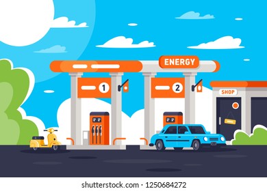 Flat gas station with shop, modern urban car, moped. Concept eco vehicle refueling, top-up. Vector illustration.