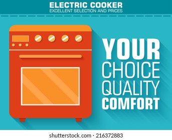 Flat gas stove with the slogan on the background with long shadows. Vector illustration concept design
