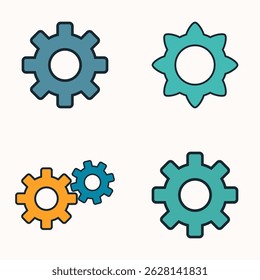 Flat gear icon collection representing mechanical settings, engineering tools, machine system functions, and technology operations interface