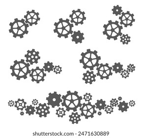 Flat gears composition. Connected cogwheels, integrated gear mechanism and gearwheels system vector set