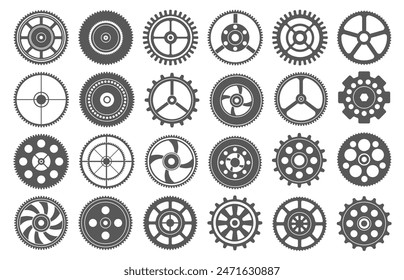 Flache Zahnräder. Mechanische Zahnräder, Schablonenmaschinengetriebe-Symbole für technische oder ingenieurtechnische Themenpläne Projekte und industrielle Design-Vektorgrafik-Set