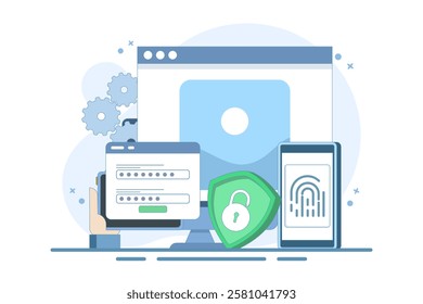 Flat general data security concept, personal information protection, database access control, cyber privacy, synchronized gadgets, cross-platform device regulation. Flat vector illustration.