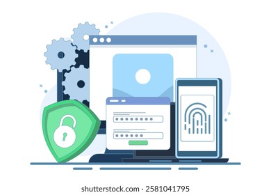 Flat general data security concept, personal information protection, database access control, cyber privacy, synchronized gadgets, cross-platform device regulation. Flat vector illustration.