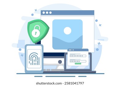 Flat general data security concept, personal information protection, database access control, cyber privacy, synchronized gadgets, cross-platform device regulation. Flat vector illustration.