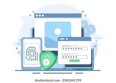 Flat general data security concept, personal information protection, database access control, cyber privacy, synchronized gadgets, cross-platform device regulation. Flat vector illustration.