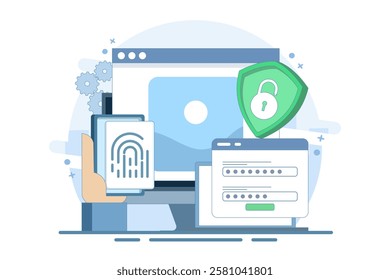 Flat general data security concept, personal information protection, database access control, cyber privacy, synchronized gadgets, cross-platform device regulation. Flat vector illustration.