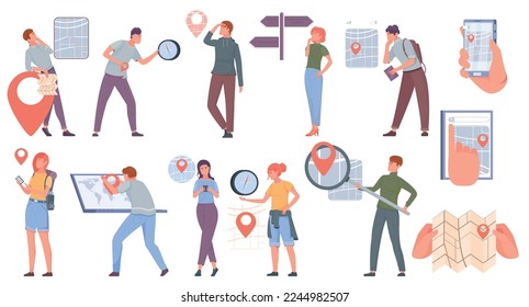 Flat geolocation set with people using online navigators and maps to reach destination isolated vector illustration