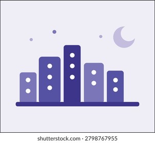 Flat geometric abstract night cityscape illustration with colorful rectangular buildings, circular windows, and a crescent moon — bold vector design perfect for urban, real estate, and architecture themes.