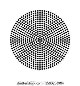 Flat, geometric abstract rosette made of small black dots in a circle on white.