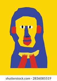 A flat, geometric, collage-style vector portrait of a baboon with a yellow face, blue fur and nose, red ears, and red paws against a yellow background.