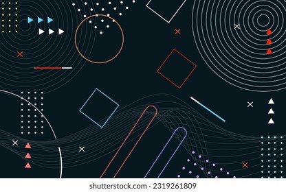 Flat geometric colourful background . Abstract elements geometric colorful pattern circle, triangle, line on black background . Best for wallpaper , background , presentation 