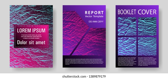 Flat geometric cover leaflets. Pink blue purple synthwave textures. Fluid buzzing wavy noise ripple texture.