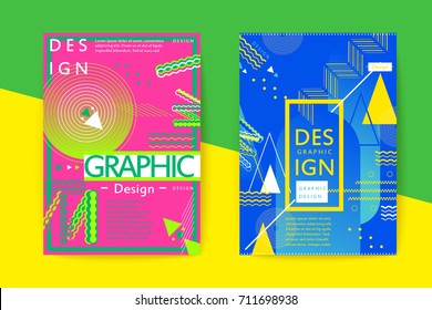 Flat geometric covers design. Fluorescent bright colorful modernism. Abstract geometric shape composition, brochure, poster, flyer, banner, business card, text frame. EPS10 vector.