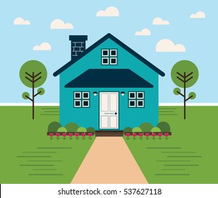 Flat Geometric Cute and Bright Blue Rural House