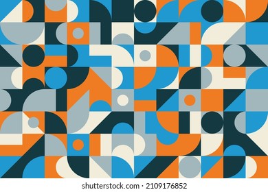 Flat geometric elements mosaic seamless backgrounds with lines, shapes, circles in vibrant color. Trendy geo tracery abstract decorative texture for cover, poster, banner, card.