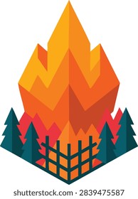 Flat Geometric Forest Fire Vector with Pine Trees and Fence