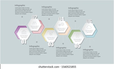 Flat geometric infographic template with 6 options for workflow layout, diagram, number options, step up options, web design and presentations