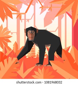 Flat geometric jungle background with Chimpanzee