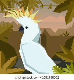 Flat geometric jungle background with Cockatoo