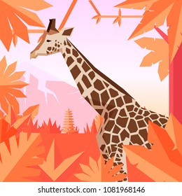 Flat geometric jungle background with Giraffe