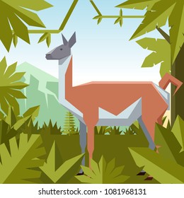 Flat geometric jungle background with Guanaco