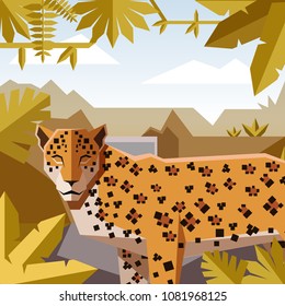 Flat geometric jungle background with Jaguar