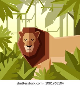 Flat geometric jungle background with Lion