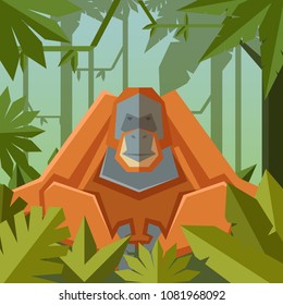 Flat geometric jungle background with Orangutan