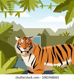 Flat geometric jungle background with Tiger