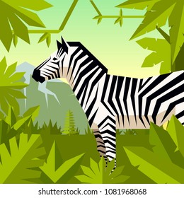 Flat geometric jungle background with Zebra