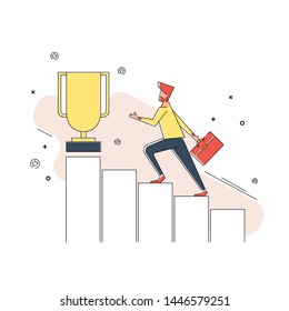 Flat geometric line art illustration of Businessman run to their goal on the column of columns, move up motivation, the path to the target's achievement, Vector banner, icon, illustration isolated