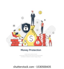 Flat geometric line art illustration of money protection, financial saving insurance, safe business economy