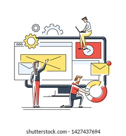 Flat geometric linear illustration, concept of an e-mail message on desktop a new incoming sms, video, content. Small people with envelopes, the message notifing, mail notification sending