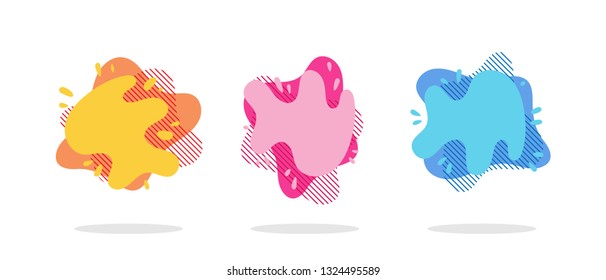 Flat geometric liquid form with various colors. Modern abstract splash shapes composition. Badges set for logo, flyer, social post or presentation. 