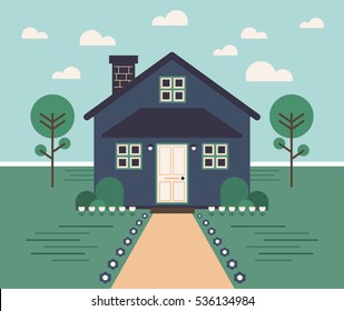 Flat Geometric Little Friendly Blue Rural House