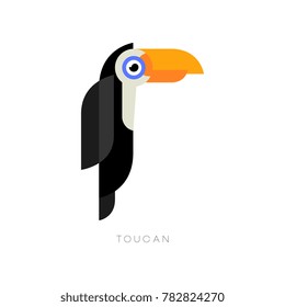 Flat geometric logo of toucan. Cartoon character of tropical bird with brightly orange beak. Isolated vector element for logo of zoo store or travel agency