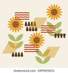 Ilustración minimalista geométrica plana del otoño con los girasoles, Formas abstractas, impresión orgánica de la caída de la naturaleza