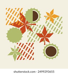 Flat geometric minimalistic autumn illustration with chestnuts and leaves, abstract shapes, nature organic fall print