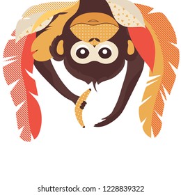 Flat geometric monkey hanging upside down in the leaves. Children vector illustration.
