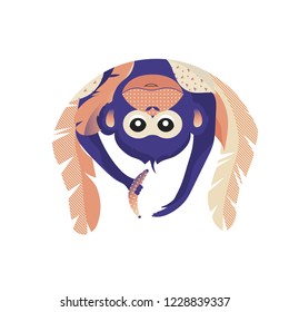 Flat geometric monkey hanging upside down in the leaves. Children vector illustration.