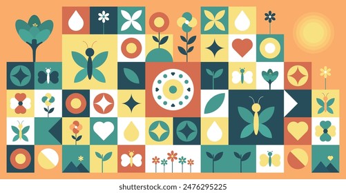 A flat geometric pattern with a seamless geometric background design. The mosaic template includes simple shapes like flowers, plants, leaves, hearts, and more.