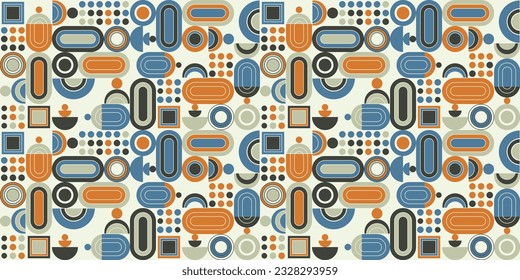 Flat geometric retro style seamless pattern. Rounded shapes from geometry. Mosaic modern and stylish pattern for various surfaces, seamless and vector.