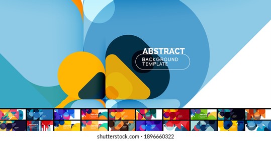 Flat geometric round shapes and dynamic lines, bright colors. Abstract background set. Vector illustrations for placards, brochures, posters and banners