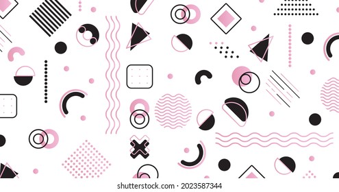 Flat geometric shapes background. Colored vector shapes and lines with circles, squares, triangles, rhombuses, lines, dotted lines, waves, spheres, rectangles and other abstract shapes