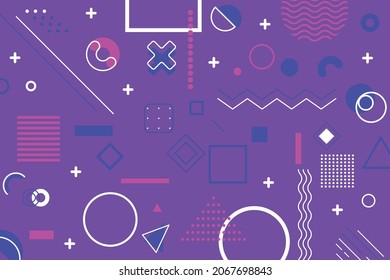 Flat geometric shapes background. Colored vector shapes and lines with circles, squares, triangles, rhombuses, lines, dotted lines, waves, spheres, rectangles and other abstract shapes