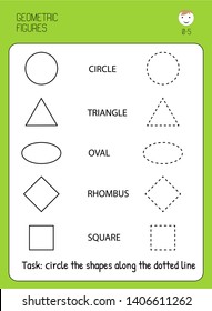 Flat geometric shapes. Circle dotted line. Tasks for children. Educational flash cards for preschoolers