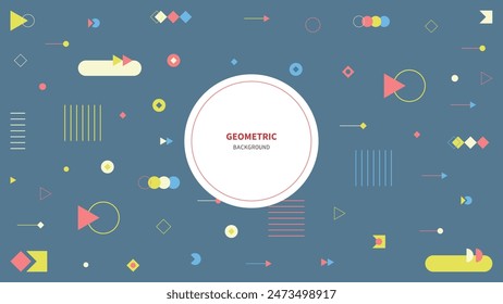 Flat geometric shapes are used to create a colorful vector design. The background features simple shapes such as circles, diamonds, triangles, dots, and more.