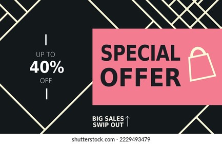 Flachbanner und geometrischer Stil für Verkaufsangebote und Rabatte. Modernes und einfaches Design mit Einkaufstasche und Text: SPEZIALANGEBOT, Großer Umsatz Schnell raus, bis zu 40 % Rabatt. Rosa, Schwarz-Weiß-Töne.