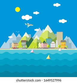 flat geometric urban landscape: city mountain road cars sea boat buildings