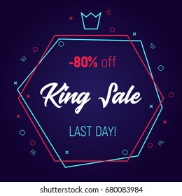 Flat geometric vector banner. Trendy neon retro template. Dark blue, cyan and red color sale design. Is great for logo, invitation, card, product packaging, header, logotype, poster, label and etc.
